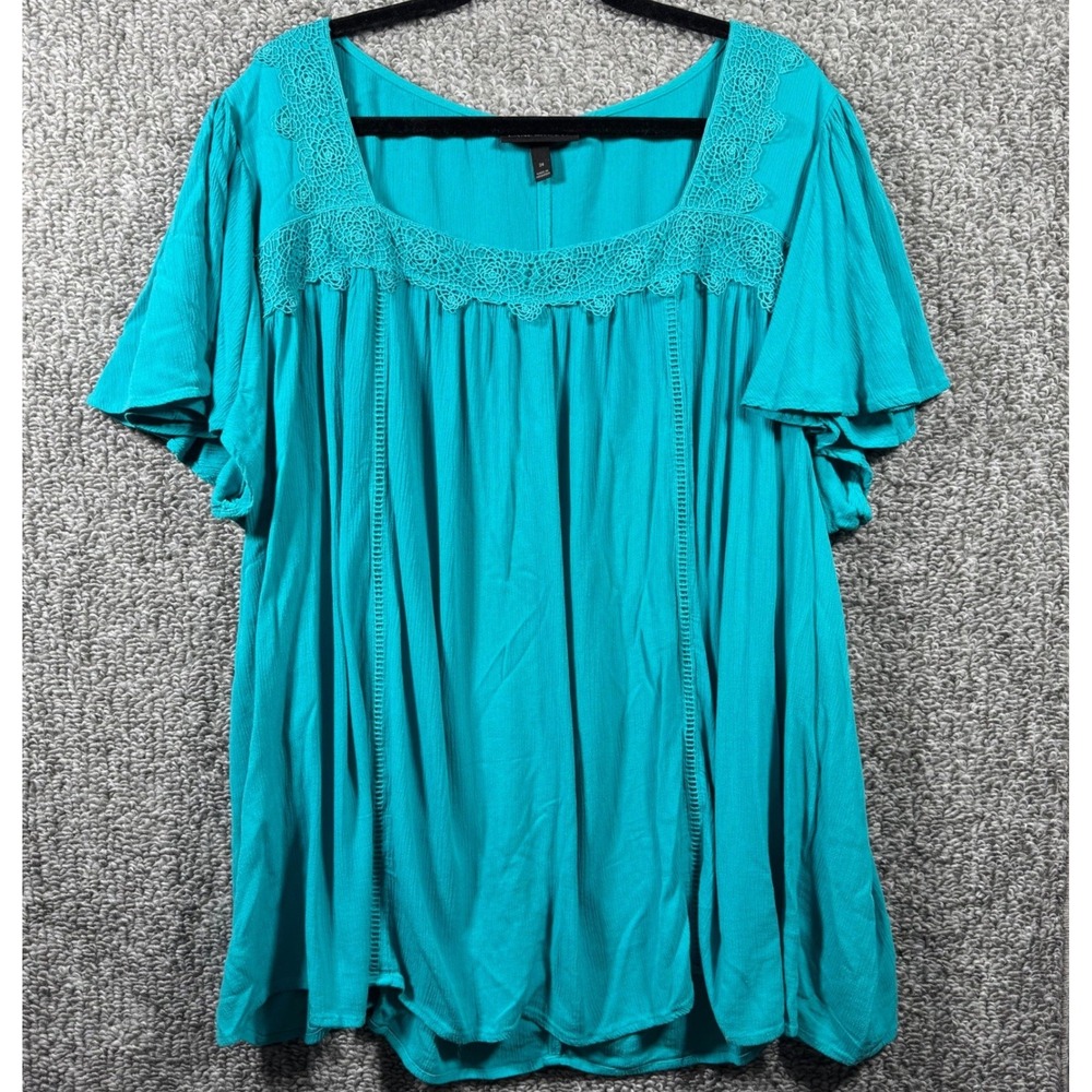 Lane Bryant Tunic Top Crochet Trim Square Neck Short Sleeve Turquoise Women 24